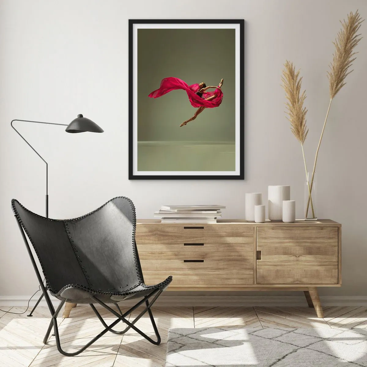 Poster in een zwarte lijst - Een ballerina in rode stof voert een dynamische sprong uit. - 50x70cm - Dansende vlam - Moderne wanddecoratie voor woonkamer en slaapkamer ARTTOR