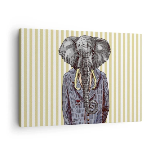 Schilderen op canvas - Een olifant in een pak tegen een achtergrond van beige strepen - 70x50cm - Elegant van nature - Moderne wanddecoratie voor woonkamer en slaapkamer ARTTOR