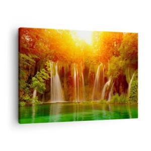 Schilderen op canvas - Watervallen omgeven door groen in de gloed van de ondergaande zon - 70x50cm - In de zon en in de schaduw - Moderne wanddecoratie voor woonkamer en slaapkamer ARTTOR