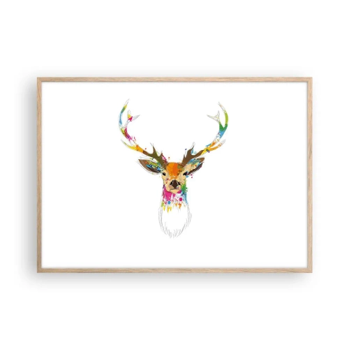 Een poster in een licht eiken lijst - Een zacht hert badend in kleur - 100x70 cm