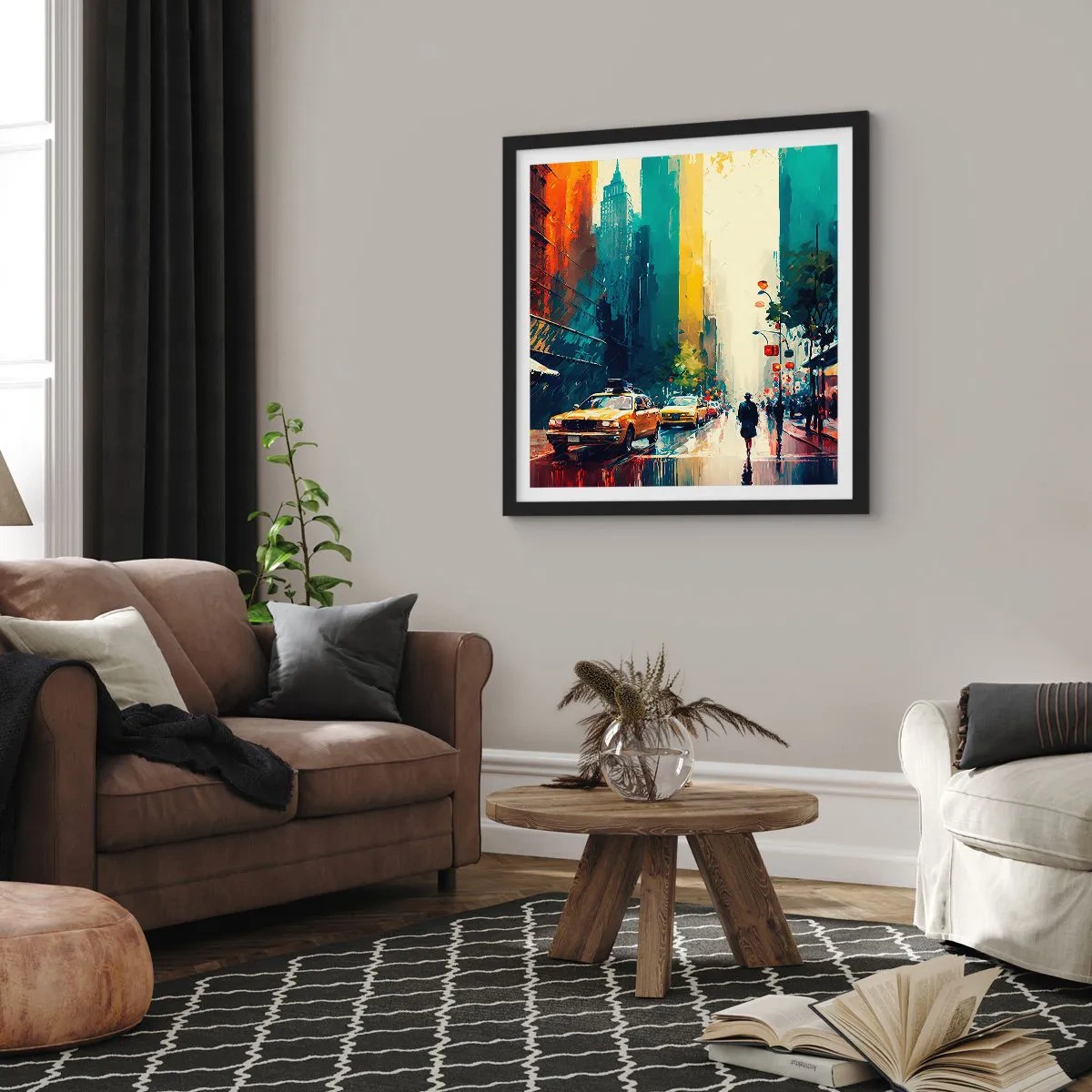 Poster in een zwarte lijst - New York – zelfs de regen is hier kleurrijk - 30x30 cm