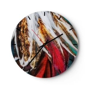 Wandklok - Klok - Close-up van kleurrijke veren in tinten bruin, rood en groen - 30x30cm - Geheimen van de vlucht - Moderne wanddecoratie voor woonkamer, keuken en slaapkamer ARTTOR