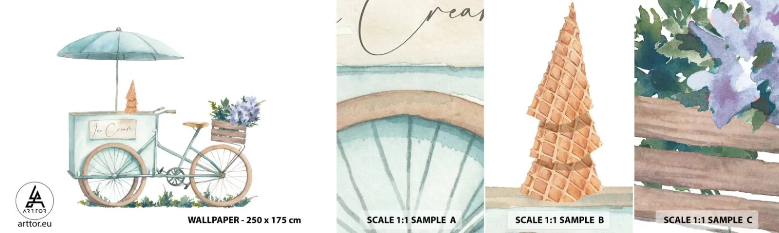 Fotobehang Monster Zelfklevend Deluxe Sticker - Zoete herinnering aan de zomer - Pastel, Ijsje, Fiets - 100x30 cm