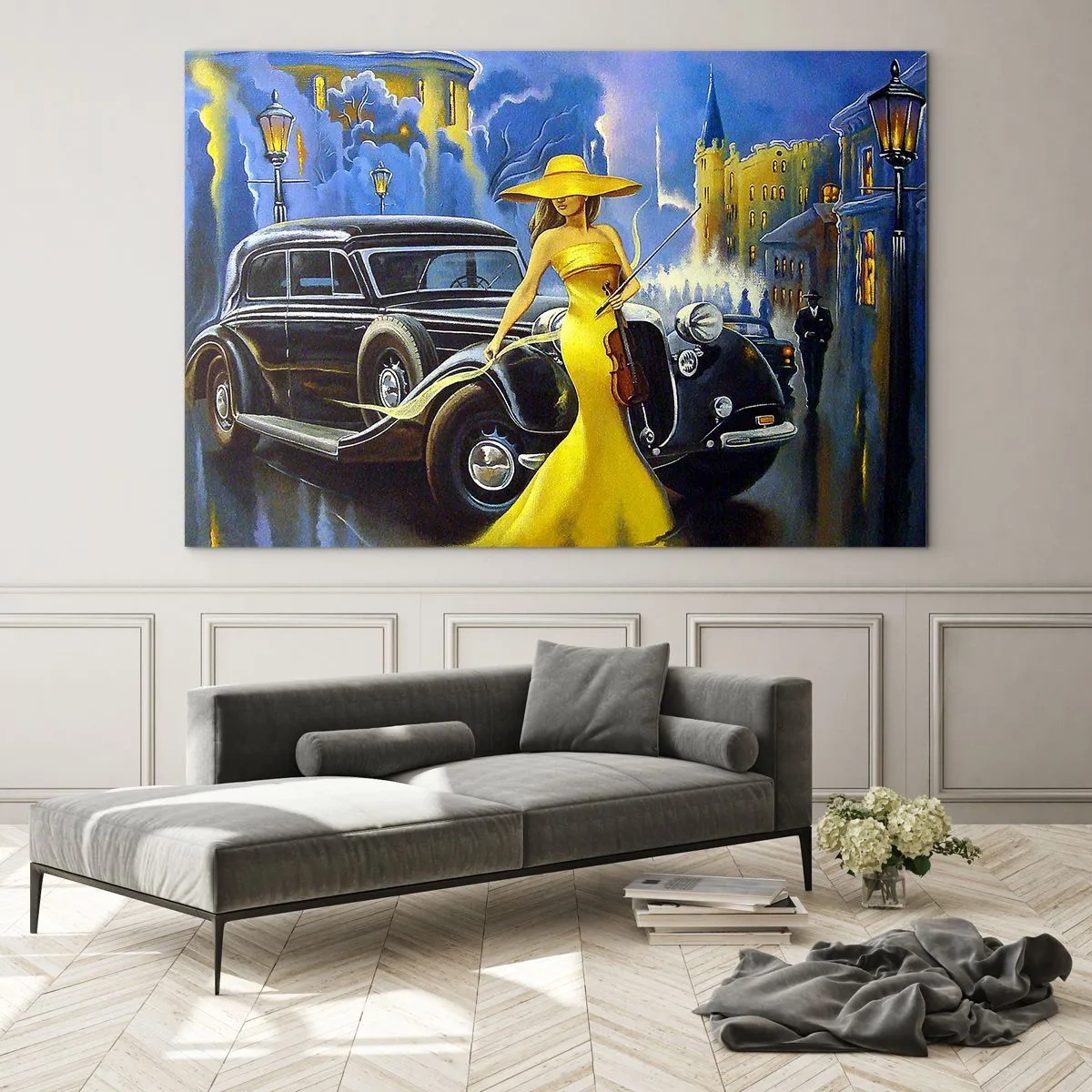 Schilderen op glas - Een vrouw in een gele jurk naast een oldtimer - 70x50cm - Nocturne voor viool en liefde - Moderne wanddecoratie voor woonkamer en slaapkamer ARTTOR