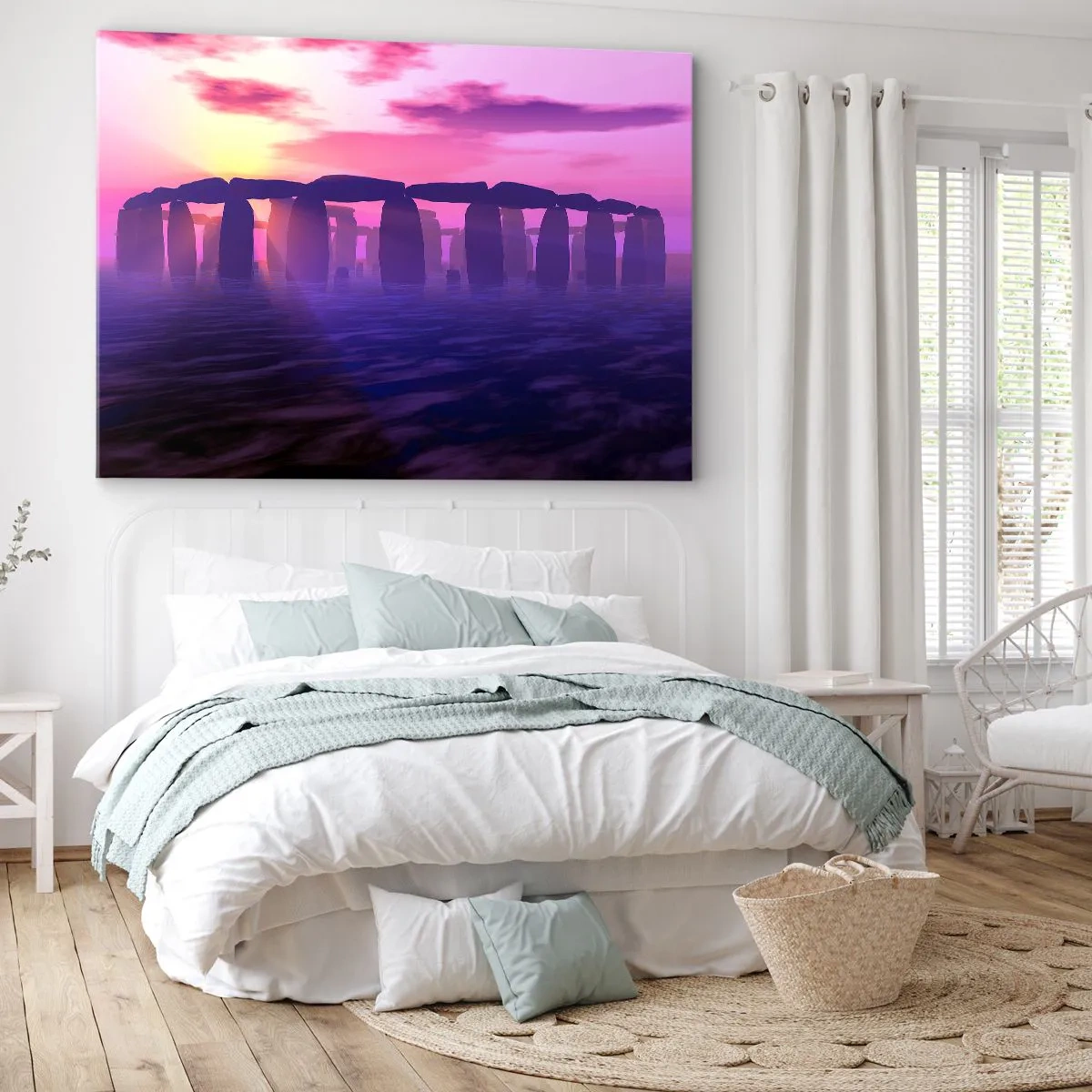 Schilderen op canvas - Stenen cirkel bij zonsondergang met een paarse lucht - 70x50cm - Mysterie bij zonsopgang in de mist - Moderne wanddecoratie voor woonkamer en slaapkamer ARTTOR