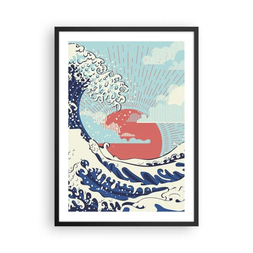 Poster in een zwarte lijst - Japans geïnspireerde grafische golf met een rode zon - 50x70cm - Van Japanse inspiratie - Moderne wanddecoratie voor woonkamer en slaapkamer ARTTOR