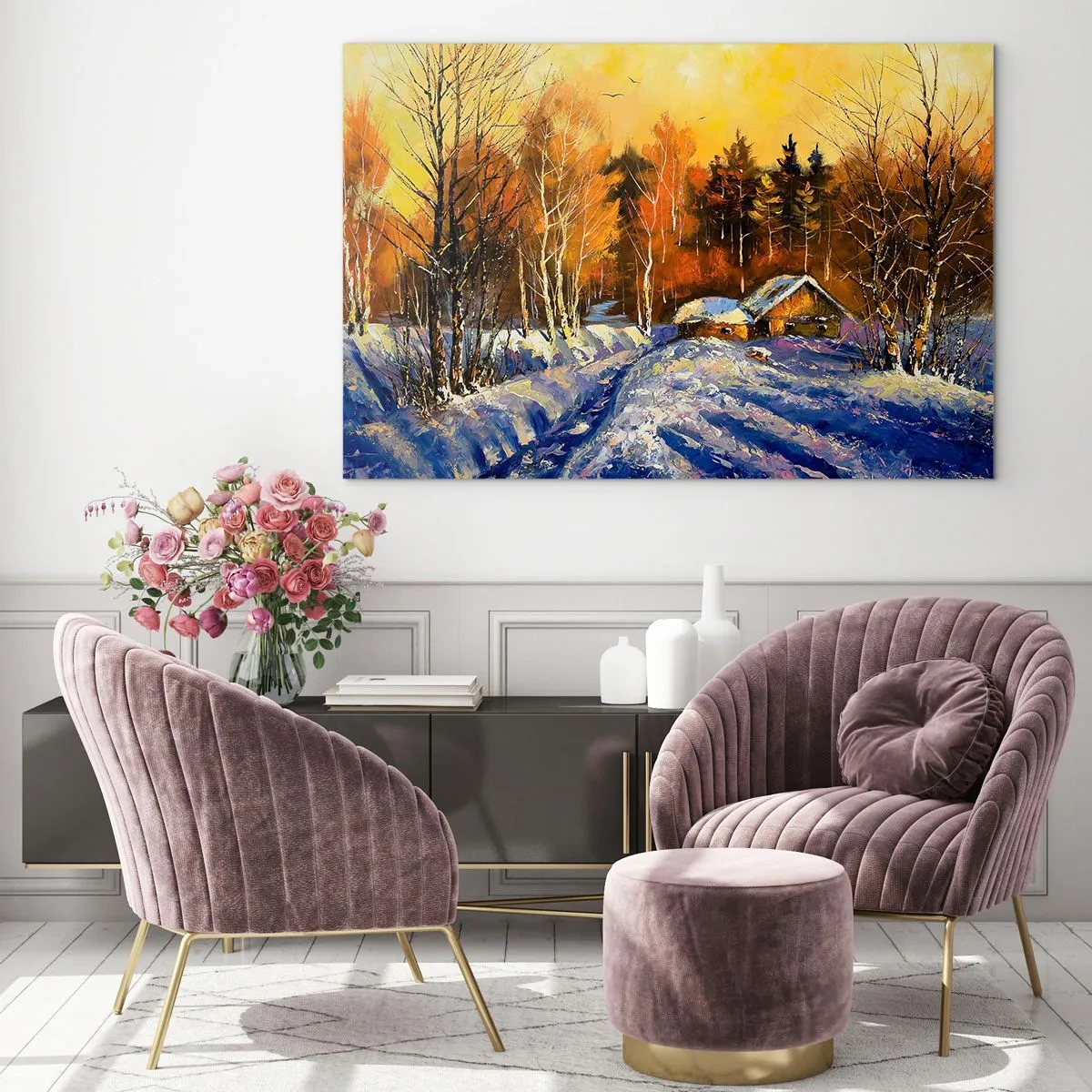 Schilderen op glas - Winter impressie in de zon - 100x70 cm