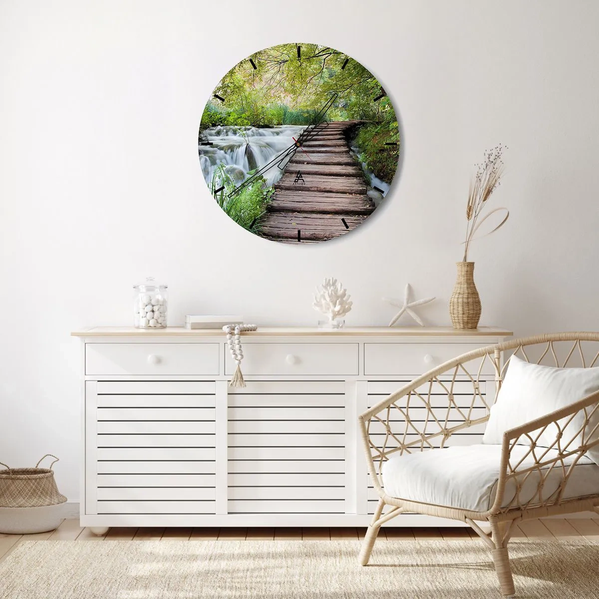 Wandklok - Klok - Een houten brug over een waterval omgeven door groen - 30x30cm - Geen stilstaand water - Moderne wanddecoratie voor woonkamer, keuken en slaapkamer ARTTOR