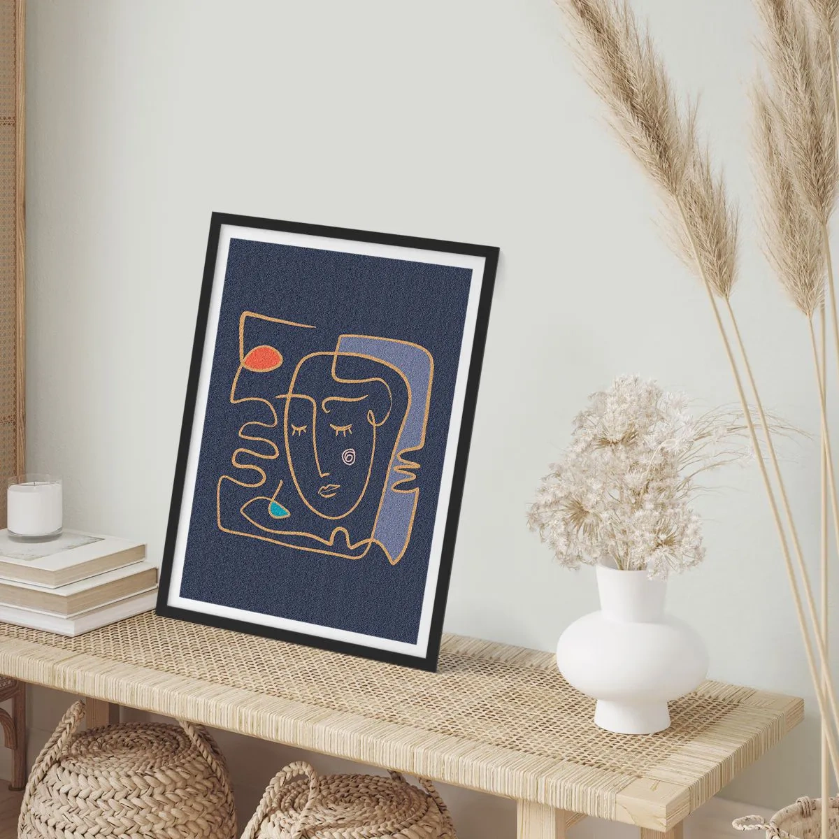 Poster in een zwarte lijst - Minimalistisch abstract gezicht op een marineblauwe achtergrond in lijnkunststijl - 50x70cm - In nadenken - Moderne wanddecoratie voor woonkamer en slaapkamer ARTTOR
