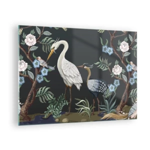 Schilderen op glas - Kleurrijke vogels tussen bloeiende takken tegen een donkere achtergrond - 70x50cm - Vogelparade - Moderne wanddecoratie voor woonkamer en slaapkamer ARTTOR