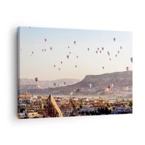 Schilderen op canvas - Cappadocië met ballonnen tegen de achtergrond van pittoreske heuvels - 70x50cm - Als schepen in de lucht - Moderne wanddecoratie voor woonkamer en slaapkamer ARTTOR