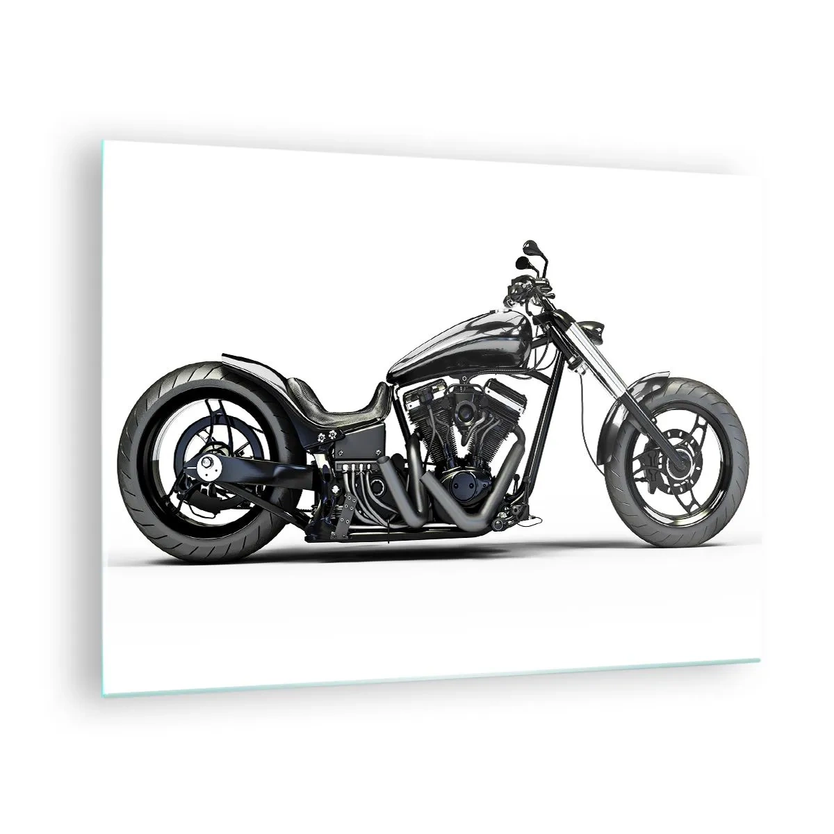 Schilderen op glas - Zwarte custom motorfiets op een witte achtergrond - 70x50cm - Voor wie van vrijheid houdt - Moderne wanddecoratie voor woonkamer en slaapkamer ARTTOR