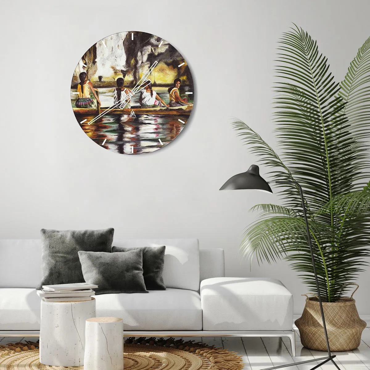 Wandklok - Klok - Vrouwen op een boot in een tropisch landschap met water en rotsen - 30x30cm - In een Polynesisch paradijs - Moderne wanddecoratie voor woonkamer, keuken en slaapkamer ARTTOR