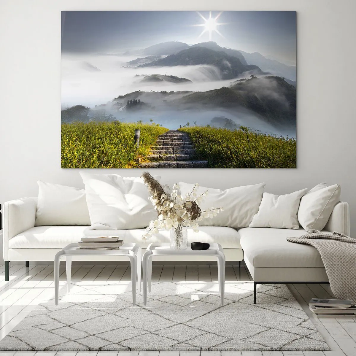 Schilderen op glas - Berglandschap met mist en trappen die naar de top leiden - 70x50cm - Nog steeds tot in de wolken - Moderne wanddecoratie voor woonkamer en slaapkamer ARTTOR