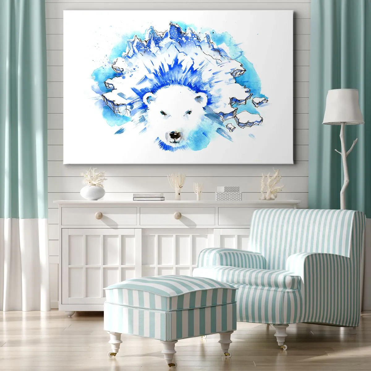 Schilderen op canvas - Artistieke aquarel van een ijsbeer met een ijzig motief - 70x50cm - De koning van het Noordpoolgebied in een ijskroon - Moderne wanddecoratie voor woonkamer en slaapkamer ARTTOR