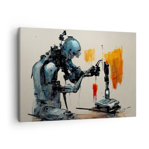 Schilderen op canvas - Robot aan het werk met abstracte achtergrond - 70x50cm - Morgen al… - Moderne wanddecoratie voor woonkamer en slaapkamer ARTTOR