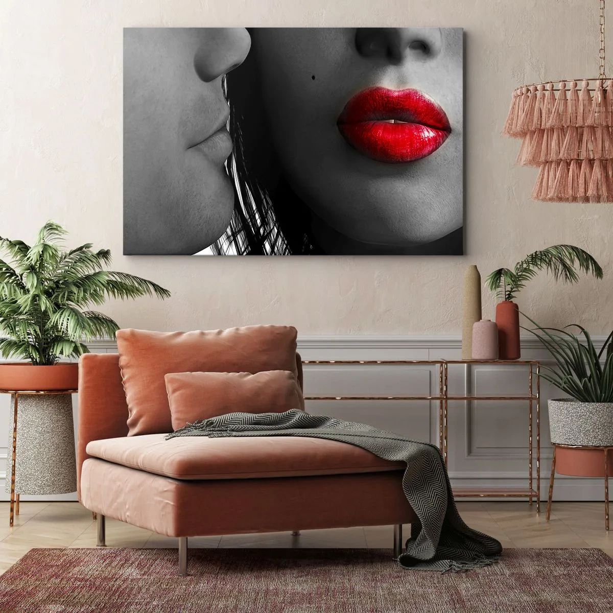 Schilderen op canvas - Close-up van de gezichten van een vrouw en een man met rode lippen. - 70x50cm - Oog in oog - Moderne wanddecoratie voor woonkamer en slaapkamer ARTTOR