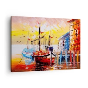 Schilderen op canvas - Schilderachtige haven bij zonsondergang met vissersboten - 70x50cm - Gelukkige terugkeer - Moderne wanddecoratie voor woonkamer en slaapkamer ARTTOR