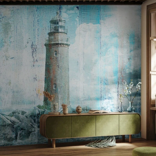 Fotobehang Premium Sand - Op oud hout - Abstractie, Vuurtoren, Zee - 100x70 cm