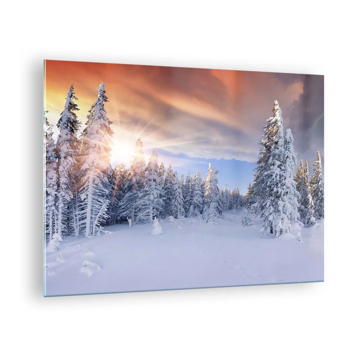 Schilderen op glas - Winterlandschap met besneeuwde bomen bij zonsondergang - 70x50cm - Het sneeuwspektakel van de natuur - Moderne wanddecoratie voor woonkamer en slaapkamer ARTTOR
