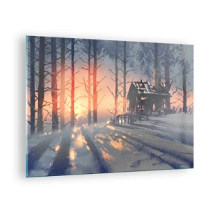 Schilderen op glas - Winterbos bij zonsondergang met een huisje op de achtergrond - 70x50cm - Alleen de zon kijkt hier naar binnen - Moderne wanddecoratie voor woonkamer en slaapkamer ARTTOR