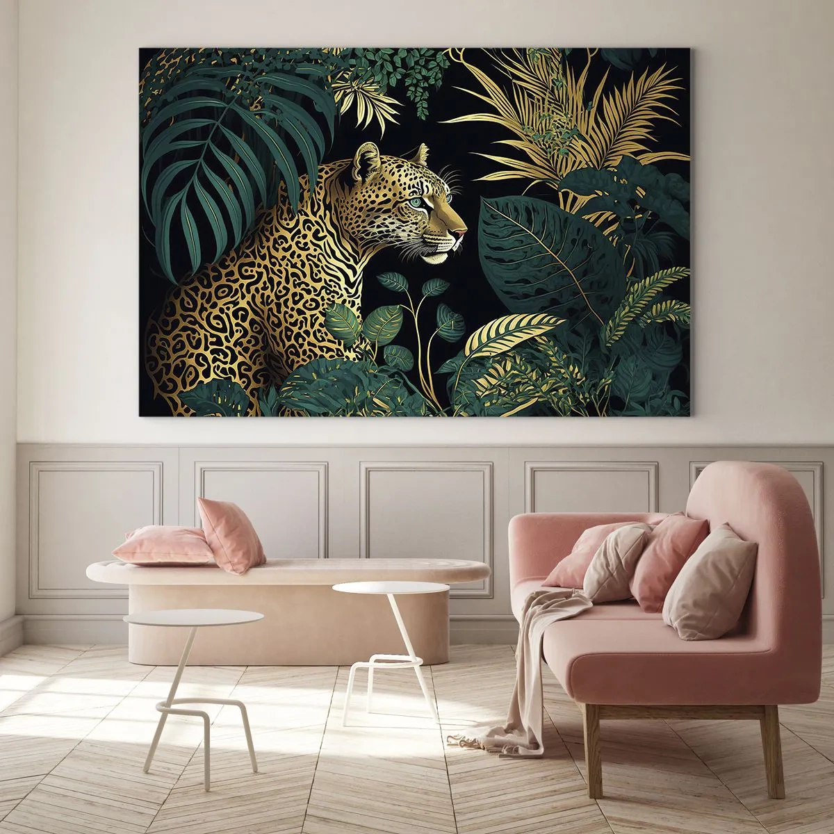Schilderen op glas - Een luipaard tussen tropische bladeren op een donkere achtergrond - 70x50cm - Een gastheer in de jungle - Moderne wanddecoratie voor woonkamer en slaapkamer ARTTOR