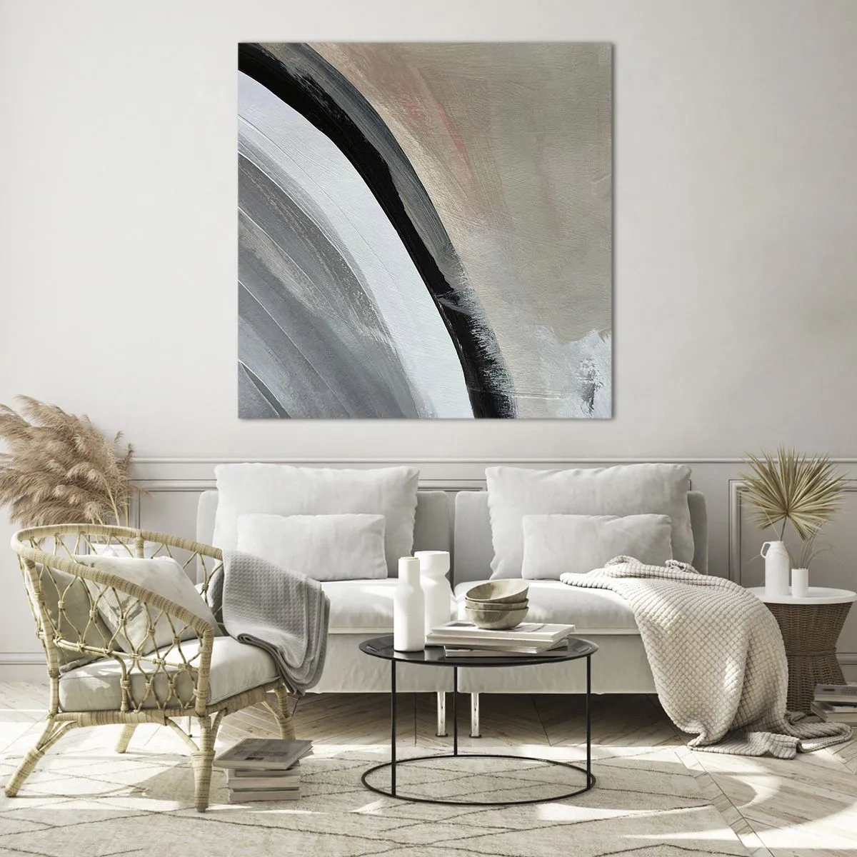 Schilderen op glas - Compositie: boog van zwart en grijs - 60x60 cm