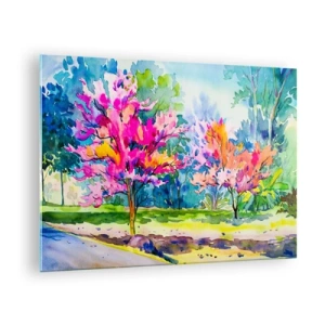 Schilderen op glas - Kleurrijke bomen in het park geschilderd met aquareltechniek - 70x50cm - Regenboogtuin in het lentelicht - Moderne wanddecoratie voor woonkamer en slaapkamer ARTTOR