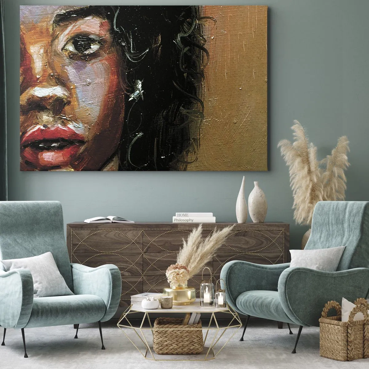 Schilderen op canvas - Expressief portret van een vrouw in intense kleuren. - 70x50cm - Zwart en gloed - Moderne wanddecoratie voor woonkamer en slaapkamer ARTTOR