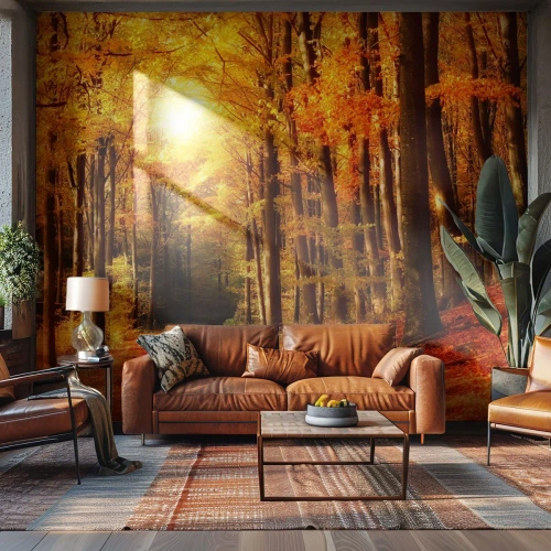 Fotobehang Standard Eco - Gouden herfst op een bosweg - Herfst, Woud, Landschap - 450x315 cm