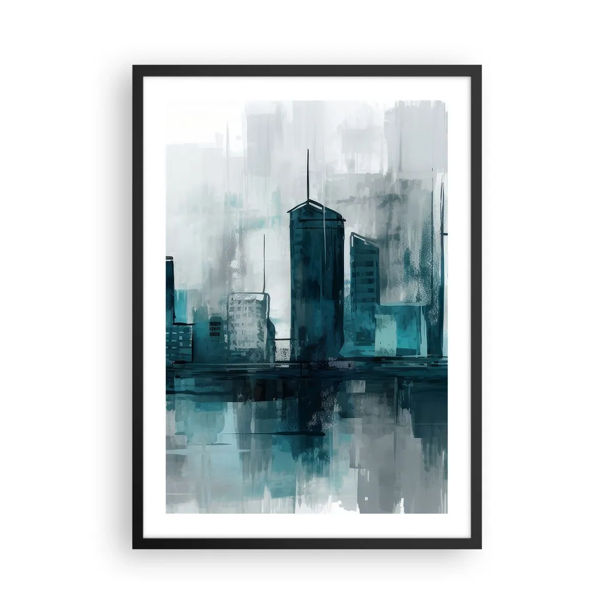 Poster in een zwarte lijst - Een modern stadsgezicht in tinten blauw - 50x70cm - Een stad in de kleur van regen - Moderne wanddecoratie voor woonkamer en slaapkamer ARTTOR