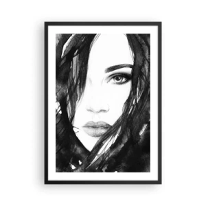 Poster in een zwarte lijst - Zwart-witte aquarel van een vrouwengezicht - 50x70cm - Portret van een dame in zwart en wit - Moderne wanddecoratie voor woonkamer en slaapkamer ARTTOR