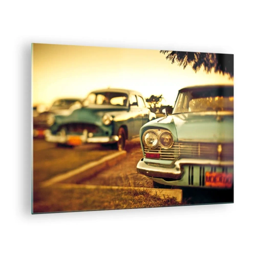 Schilderen op glas - Retro-auto's in het warme zonsonderganglicht - 70x50cm - Maar afwachten - Moderne wanddecoratie voor woonkamer en slaapkamer ARTTOR
