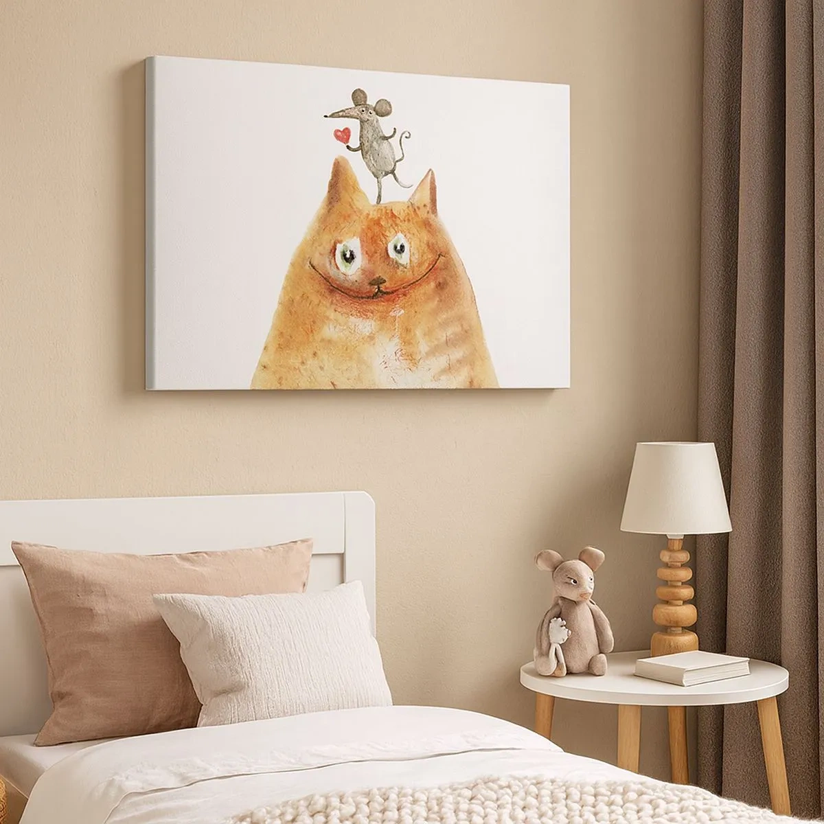 Schilderen op canvas - Een tekening van een kat met een muis op zijn kop die een hart vasthoudt - 70x50cm - De paradoxen van de liefde - Moderne wanddecoratie voor woonkamer en slaapkamer ARTTOR