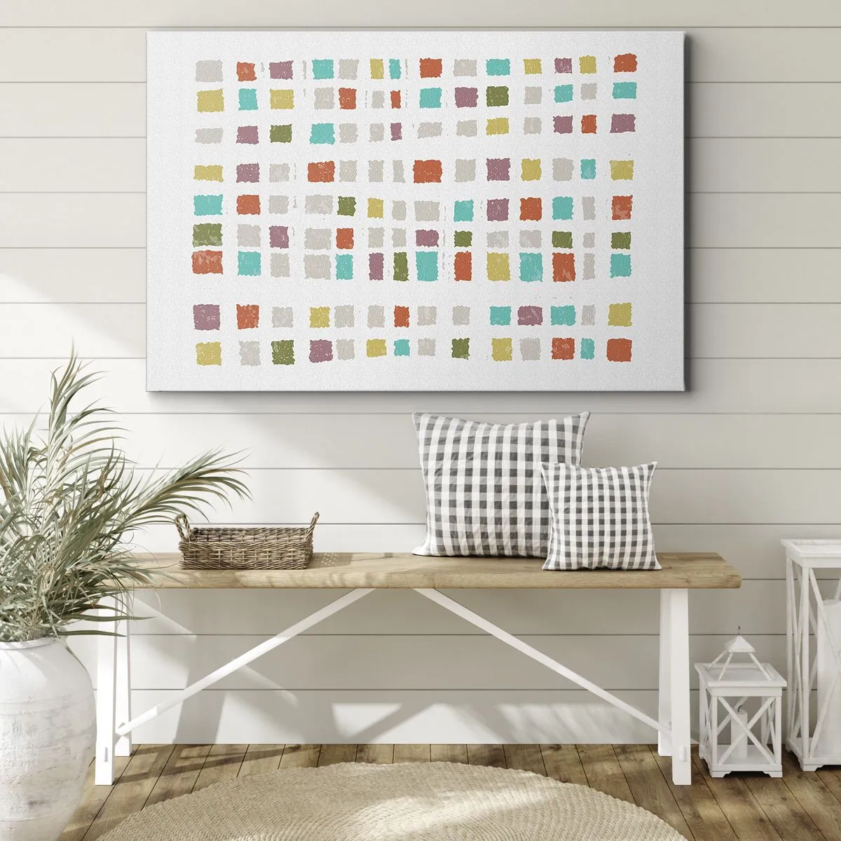 Schilderen op canvas - Kleurrijke vierkanten in een minimalistische opstelling op een witte achtergrond - 70x50cm - Onbekend spel - Moderne wanddecoratie voor woonkamer en slaapkamer ARTTOR