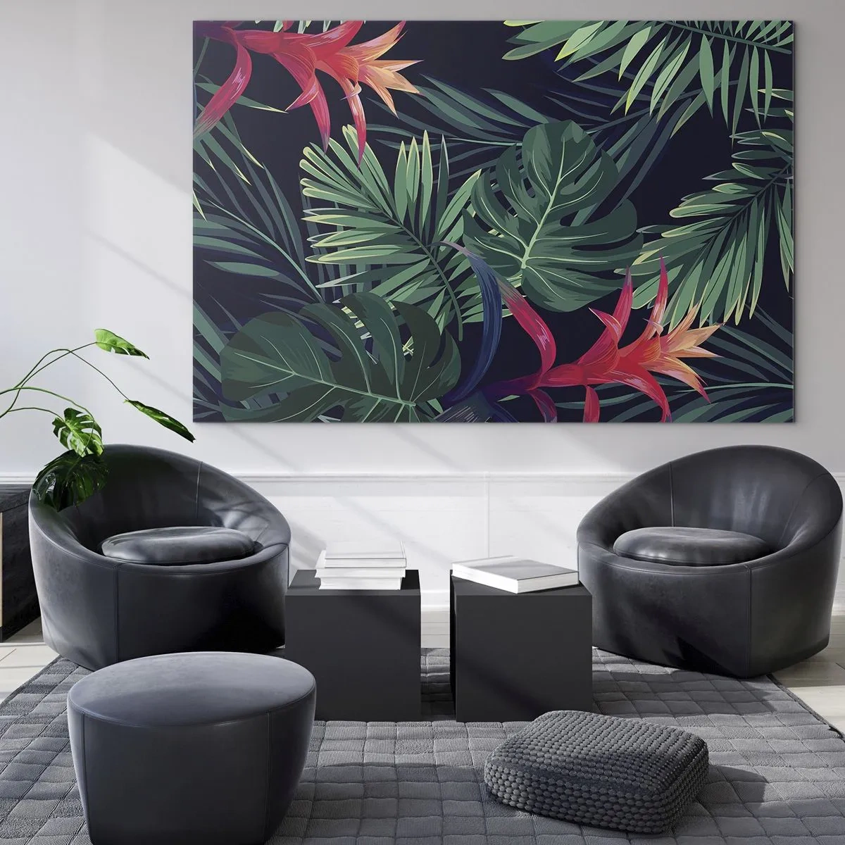 Schilderen op glas - Exotische bladeren en bloemen op een donkere achtergrond - 70x50cm - Ontsteken in het groen - Moderne wanddecoratie voor woonkamer en slaapkamer ARTTOR