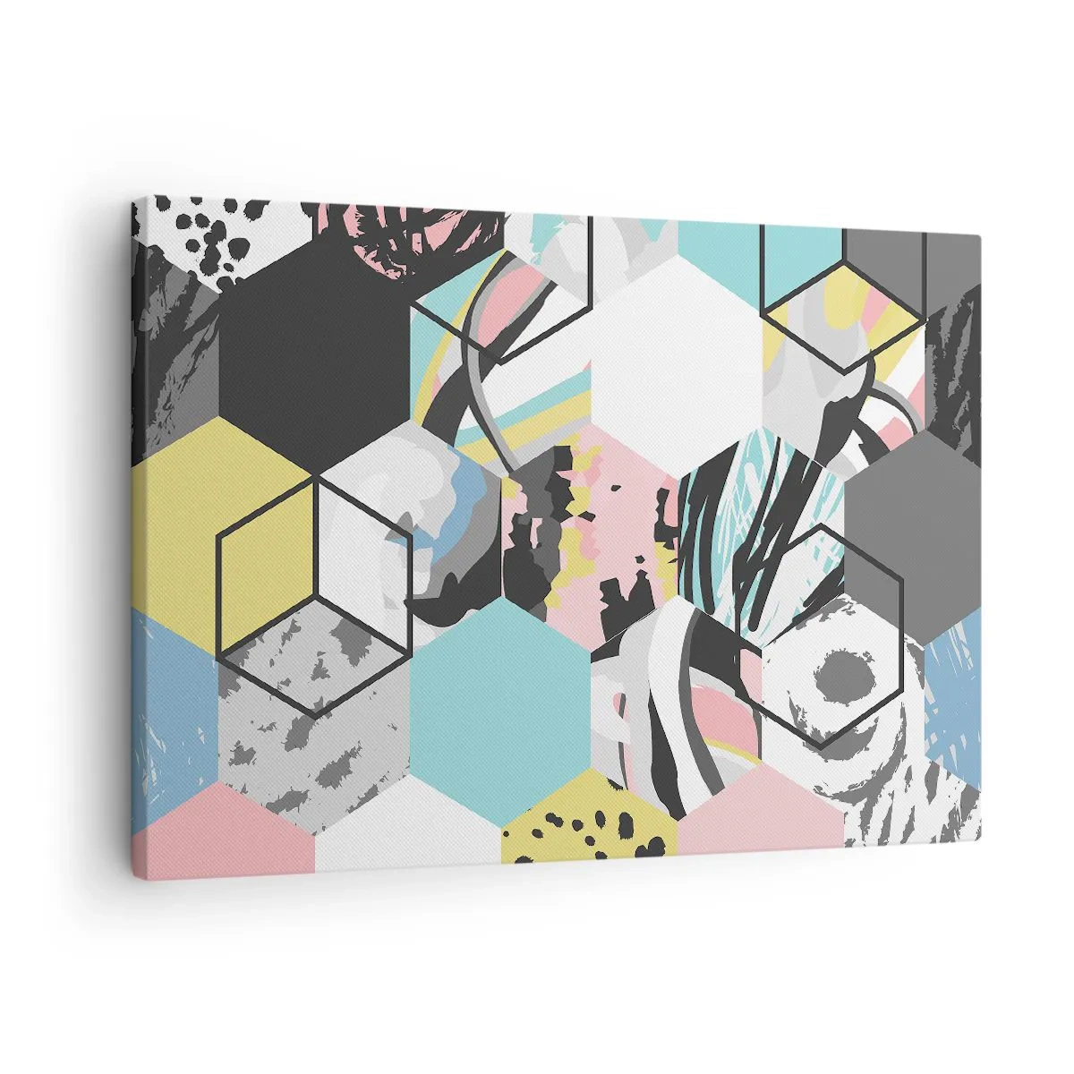 Schilderen op canvas - Geometrisch zeshoekig patroon met kleurrijke abstracte details - 70x50cm - Zeshoeken en kubussen in zes kleuren - Moderne wanddecoratie voor woonkamer en slaapkamer ARTTOR