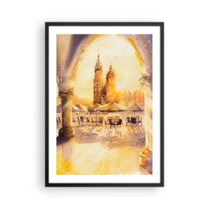 Poster in een zwarte lijst - Een aquarel van het marktplein van Krakau bij zonsondergang. - 50x70cm - Zonsopgang boven het marktplein van Krakau - Moderne wanddecoratie voor woonkamer en slaapkamer ARTTOR