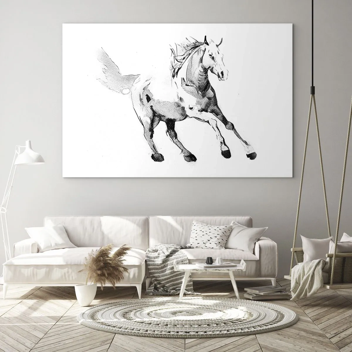 Schilderen op glas - Zwart-wit schets van een galopperend paard op een witte achtergrond - 70x50cm - Ongetemde ziel - Moderne wanddecoratie voor woonkamer en slaapkamer ARTTOR