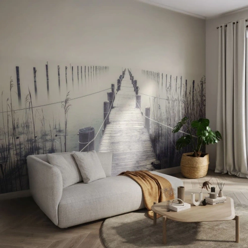 Fotobehang op maat Premium Sand - Dompel jezelf onder in vrede - Brug, Meer, Stilte
