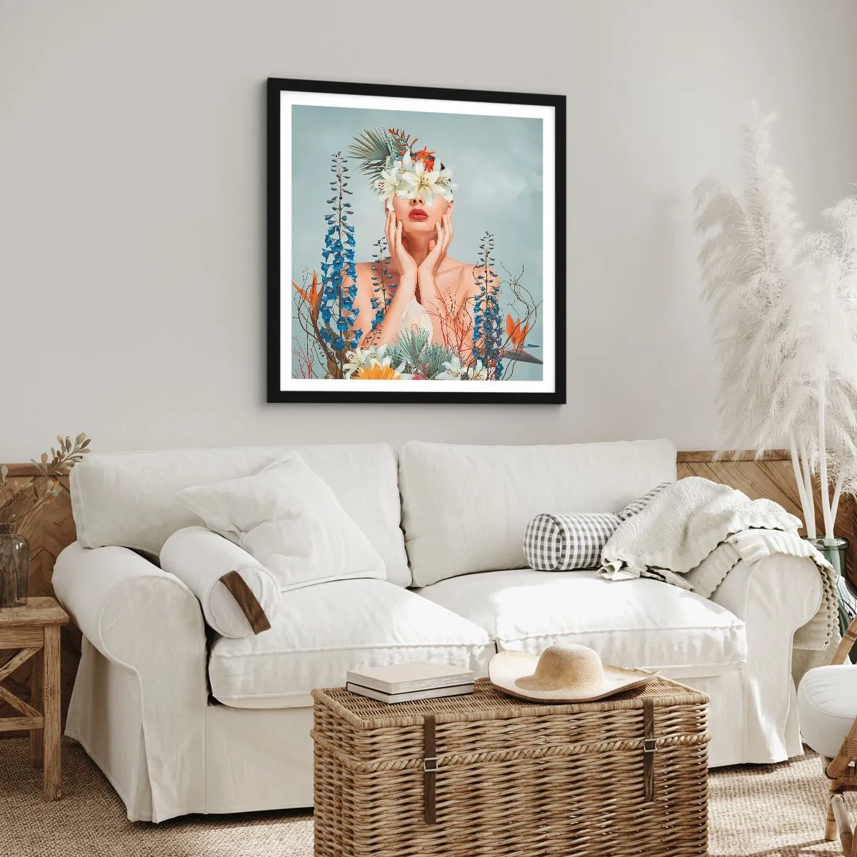 Poster in een zwarte lijst - Vrouw - bloem - 50x50 cm