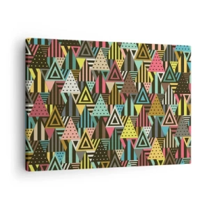 Schilderen op canvas - Kleurrijk geometrisch patroon met driehoeken en lijnen - 70x50cm - In ritme op drie - Moderne wanddecoratie voor woonkamer en slaapkamer ARTTOR