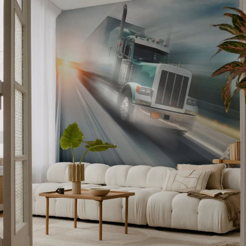 Fotobehang Standard Eco - De Amerikaanse reus in haast - Vrachtauto, Automobiel, Vervoer - 500x350 cm
