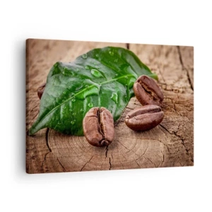 Schilderen op canvas - Koffiebonen en groen blad op een houten achtergrond - 70x50cm - De meest ware en zwarte - Moderne wanddecoratie voor woonkamer en slaapkamer ARTTOR