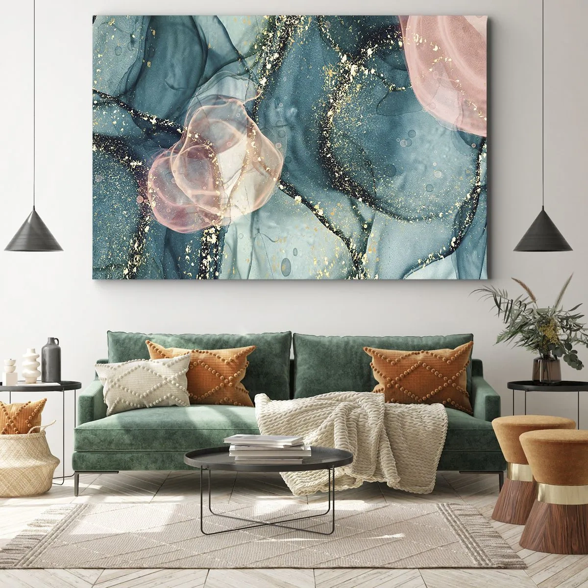 Schilderen op canvas - Een abstracte compositie in tinten turquoise en goud. - 70x50cm - Zijdeblauw, tule roze - Moderne wanddecoratie voor woonkamer en slaapkamer ARTTOR