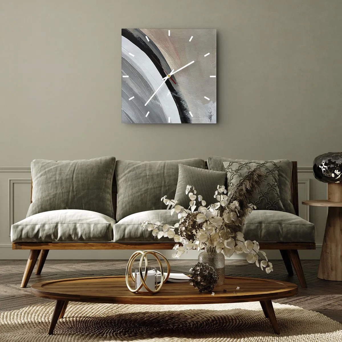 Wandklok - Klok - Compositie: boog van zwart en grijs - 40x40 cm