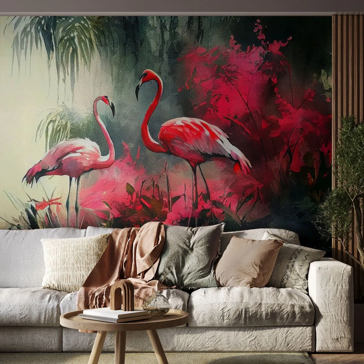 Fotobehang Standard Eco - Een les in natuurlijke gratie - Flamingo's, Deel, Landschap - 450x315 cm