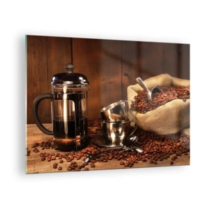 Schilderen op glas - Koffiezetapparaat, kopjes en een zak koffiebonen - 70x50cm - De charme van koffie - aroma en smaak - Moderne wanddecoratie voor woonkamer en slaapkamer ARTTOR