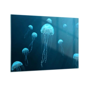 Schilderen op glas - Kwallen drijven in de diepblauwe oceaan - 70x50cm - Oceaandans - Moderne wanddecoratie voor woonkamer en slaapkamer ARTTOR