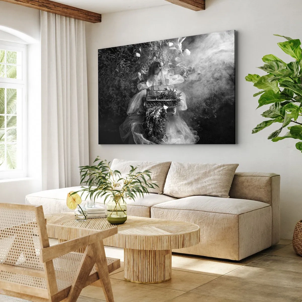 Schilderen op canvas - Een zwart-witcompositie met een figuur in een jurk en een kooi in de mist. - 70x50cm - Moeder zelf - Natuur - Moderne wanddecoratie voor woonkamer en slaapkamer ARTTOR